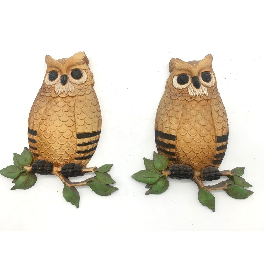 Homco Owl Wall Plaques Set OS Brown Vintage 1976 Burwood Resin MCM Decor 7403